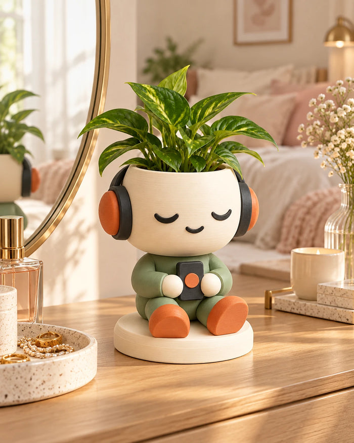 Headphone Planter with a plant on a dressing table by a round mirror