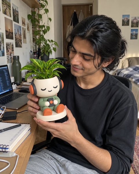 MiniKin Headphone Planter with a plant beside a laptop on a work desk