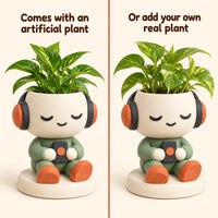 Headphone Planter comes with an artificial plant, or add your own real plant