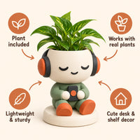 Headphone Planter features: plant included, works with real plants, lightweight and sturdy, cute desk and shelf decor