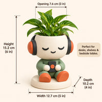 Headphone Planter size: height 15.2 cm (6 in), width 12.7 cm (5 in), depth 10.2 cm (4 in), opening 7.6 cm (3 in)
