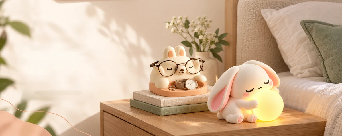 MiniKin bunny organiser holding glasses and a watch beside a glowing bunny night light on a bedside table