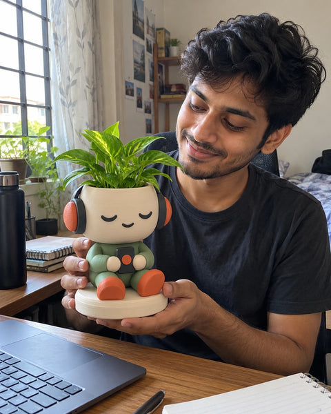 MiniKin Headphone Planter with a plant, held at a study desk