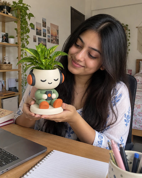 Woman smiling at the MiniKin Headphone Planter with a plant at her desk