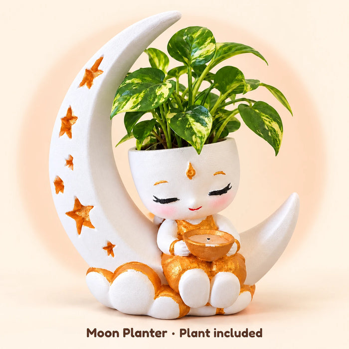 Festival Moon Planter with Artificial Plant, about 6 inches (15 cm) tall